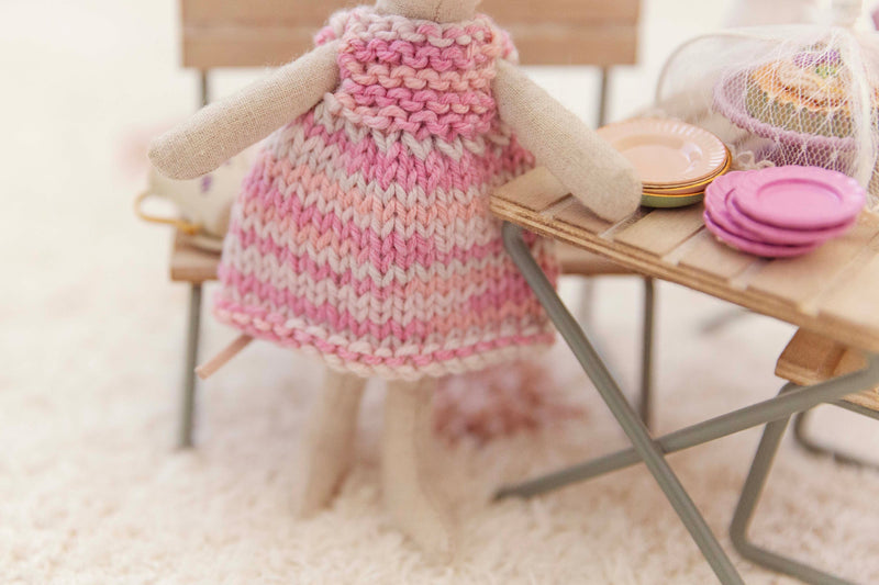 Hand Knitted Dress In Pink Mix Made To Fit The Maileg Mice Mum Mouse And Big Sister Mouse